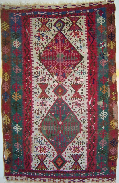 Very Old Southeast Anatolian kilim, 2 Diamond Reserves with Totemic Animal-Trees on Ivory field, 32 x 51 inches. Fine, tight weave and rich colors characteristic of Aleppo-Reyhanli region of 19th century Ottoman  ...