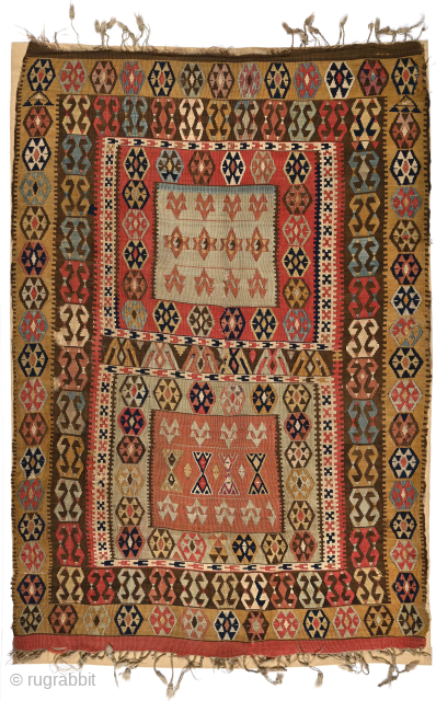 Antique Anatolian small kilim with 2 Boxes, 48 x 68 inches / 122 x 173 cm. Several small holes, sides rough; Mounted on corduroy backing. Published in Traditional Anatolian Kilims, Sarah Lawrence  ...