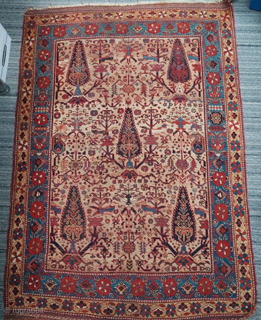 Afshar 5 Christmas Tree carpet, 4'3" x 5'11". Relatively early, circa 3rd quarter 19th century Northeast Persia village weaving, with original side finish, moderate wear and dog-eared lower right corner. Please email  ...
