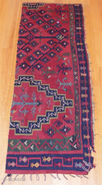 Sarkoy Kilim Fragment, 3' 1'' x 8'', late 19th c., deep rich colors.                    