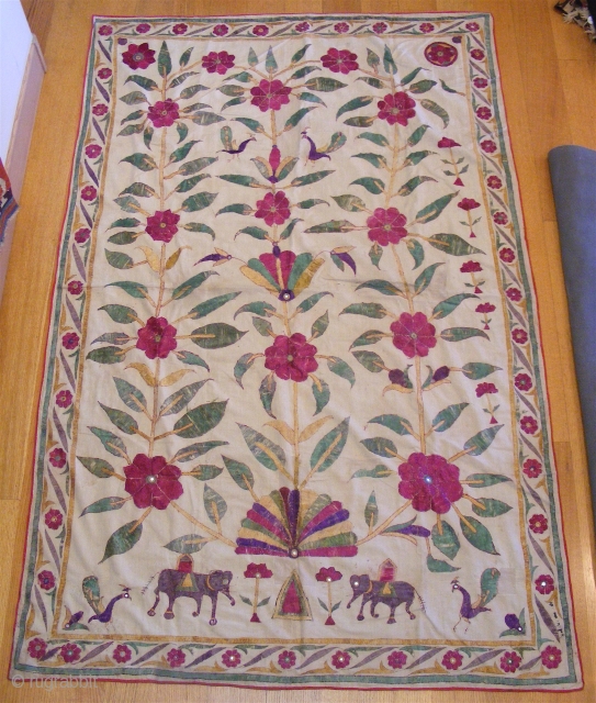 Indian Embroidery, Gujarat, late 19th c., 4' 7'' x 6' 3''. Good condition, lovely colors.                  