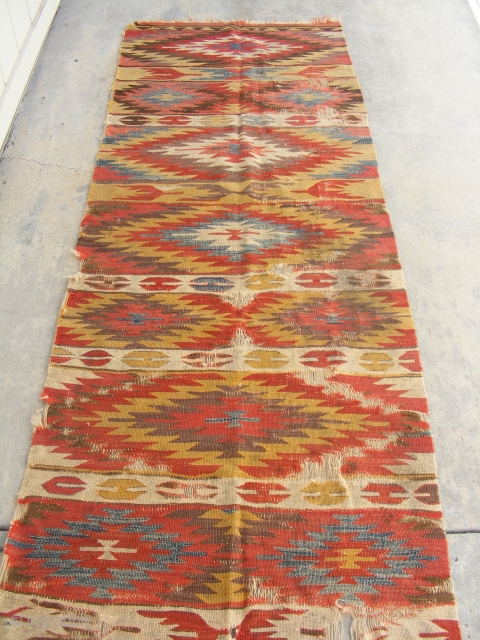 Anatolian Kilim, 3' 4" x 10' 2", Late 19th Century.  Calm, harmonious color tones.                  