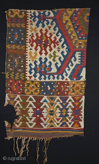 Konya Kilim Fragment, Central Anatolia, Early 19th Century, 2' 7" x 4' 3". Sharp design, rich colors.                