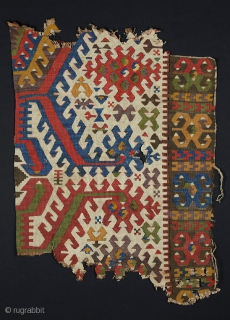 Konya Kilim Fragment, Central Anatolia, Early 19th Century, 2' 8'' x 3' 8''.  Dynamic motifs, excellent colors.               