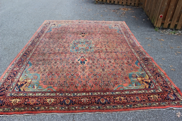 Early 20th century Bijar.  Measures 9'3'' x 13'6''.  Cotton warps and mix of cotton and wool weft.  Nice colors.  Fair overall condition with some areas of low pile  ...