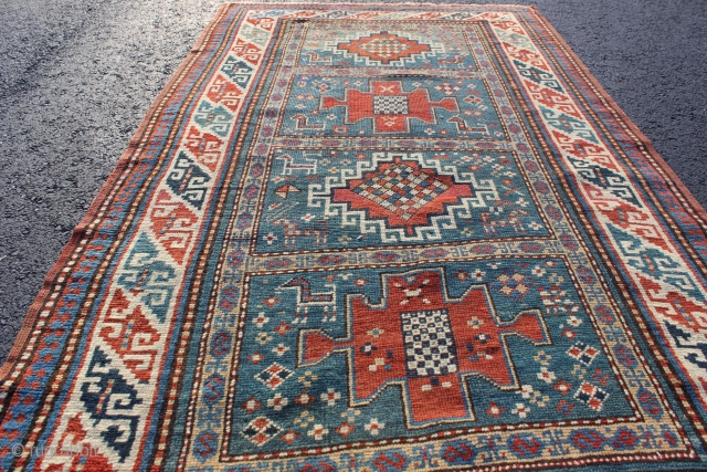 Kazak Karachov rug 3'5'' x 6'0''.  Late 19th or early 20th century.  Low even pile with good natural colors.  Basically un-restored condition with one tiny area of re-knotting and  ...