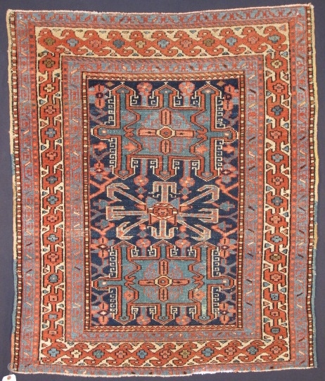 Karaja rug, item # 1838	, all natural colors and bold design, Looks almost like a big Shahsevan bag. ca 1900, good/fair condition. 3’3”X4’0”          