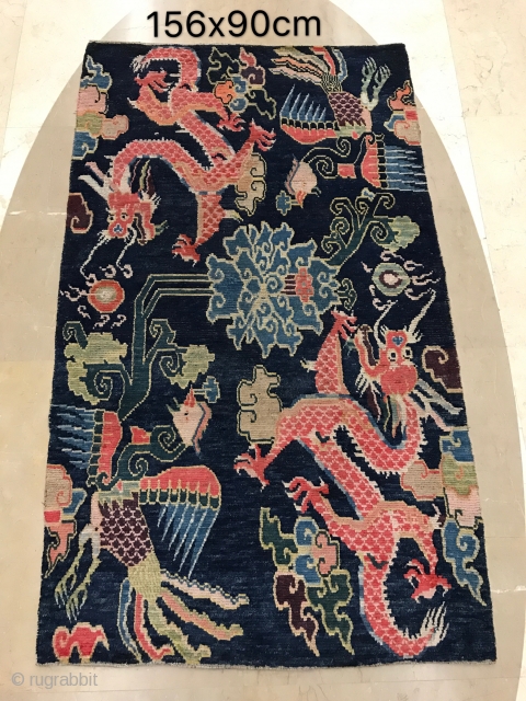 Tibet blue double dragon and phoenix carpet, early 20th century, size 156x90cm, welcome to consult.                  