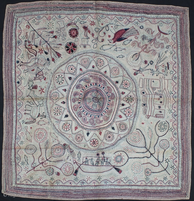 An interesting square shaped kantha quilt from Bengal, Asia, can be identified as baytan kantha derived from sanskrit vitan which means 'the canopy for Lord Vishnu's throne". Used originally for wrapping books  ...