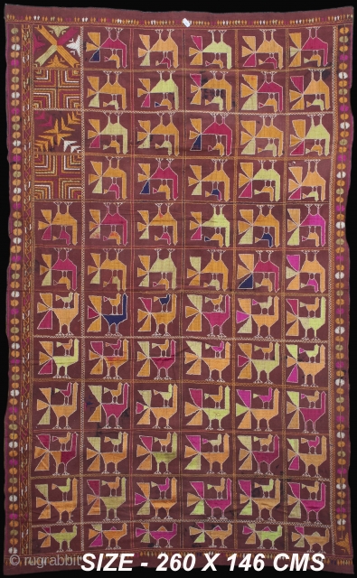 Mor Bagh-
This Bagh or ‘a Garden of glowers’ from East Punjab is embroidered with bright golden yellow, pink, blue and mint green silk threads
and white cotton threads. The embroidery uses soft, untwisted  ...