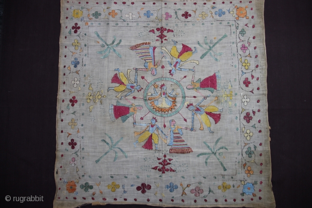 Chamba Rumaal

A Rumaal hand-embroidered in the typical style of Chamba, Himchal Pradesh, India 

This Rumaal depicts Krishna in a Raas-Leela with Gopis as well as palm trees and floral patterns all over.  ...