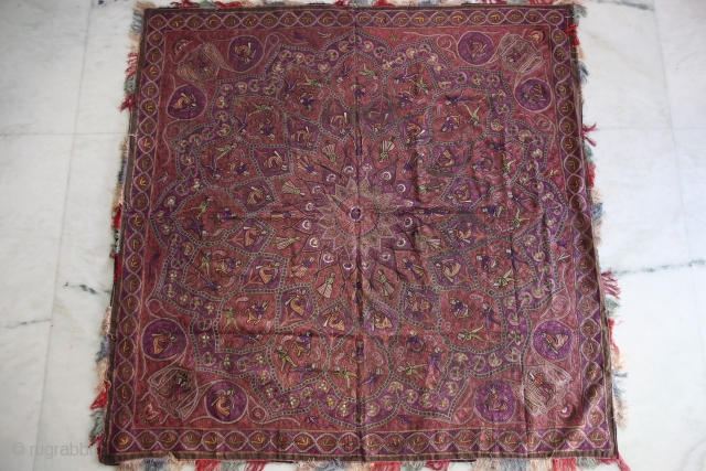 A fantastic large-size late-19th century Northern Indian textile richly embroidered all over in silk thread depicting maidens, servants, soldiers, fairies and floral motifs.          