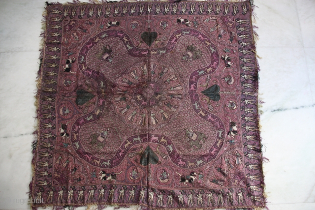 A wonderful large-size late-19th century North Indian textile decorated all over in silken thread depicting conversing couples, maidens, soldiers, horses, elephants, trees, peacocks, deer, birds and floral motifs all over. The piece  ...