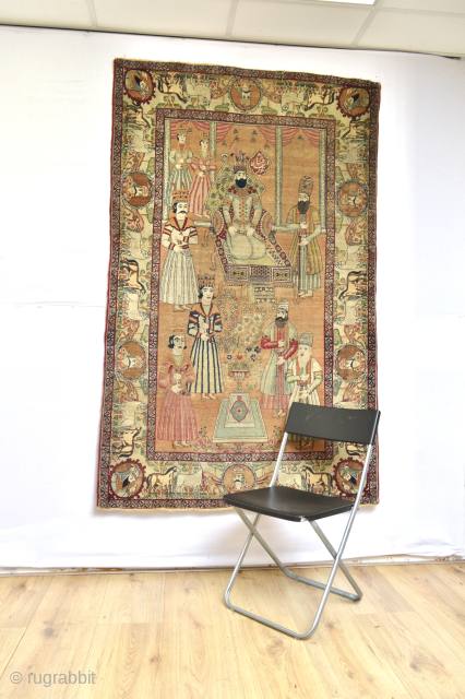 Beautiful Antique Pictorial KERMAN rug with the picture of founder of Afsharid Dynasty 
NADER SHAH AFHAR… available with is great colours .. as is as found…       