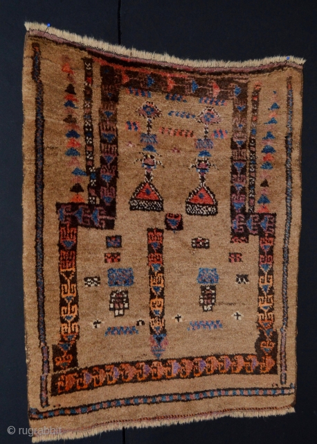 Beautiful small and Rare  Tribal Gabbeh prayer ,100% Camel wool incredible soft handling and some fuchisine color
Circa 1920's size approx 76 x 88 centimeters. 
       