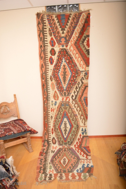 As found Beautiful Rare Patern Whiteground Anatolian Kilim 19th century 
size 326 x 90 cm.                  