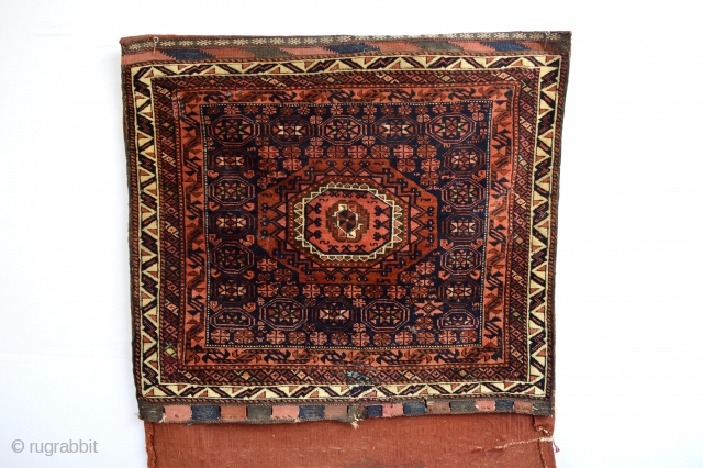 Super fine knoted Antique Baluch Halfbag with velvety wool Full Pile, Natural colors old mothbites few small old repairs Many silk Highlights
82 x 75 centimeters        