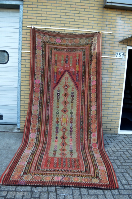 Huge and Old ERzurum Prayer Kilim. incredible XL Sized. Very Decorative  Natural and Non natural colors.some old repairs. Dated and Inscripted around 1940's         