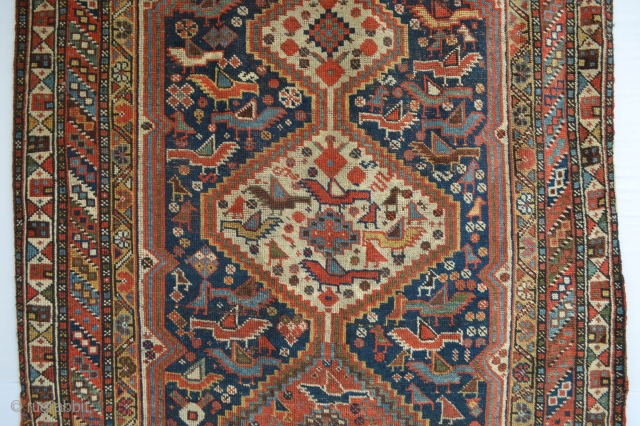 Colorful end of 19th century As found condition Khamseh Confederacy rug.
beautiful colors and tribal drawn...https://www.ebay.com/sch/tarsusy/m.html?_nkw=&_armrs=1&_ipg=&_from=
Slightly wear and one corner worn as shown pict 3. need a little wash ..
Size 240 x 121  ...