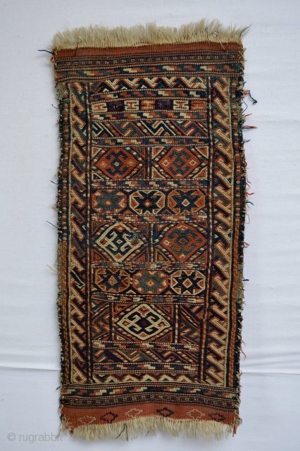 Beautiful Antique Kordi Soumak Sumak with all natural colors with spots of Silk Highlights
size 66 x 33 centimeters               