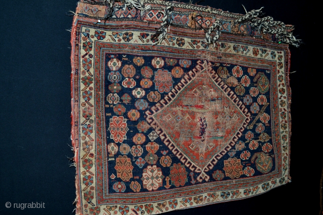 19 th century Afshar bag. Very nice collors, must be washed, a project antique bag ,but decorative , size 79 x 59 centimeters,all the collors are natural.      