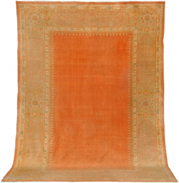 Very nice and rare  Oversize Feshane Ushak  Circa (1890-1900) with inscriptions
evenly low pile, good and strong body ,just washed and the fringels are secured. Very decorative rug.    