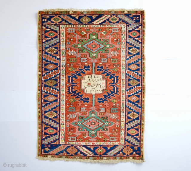 This extremely rare Small size Heriz probably made in the villages of Karaja area rug is dated 1925 with inscription and has all natural colors... uniformly low pile Cleaned and washed ready  ...
