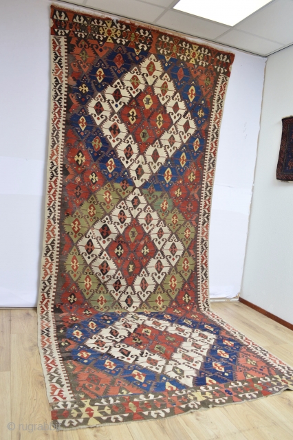 This Beautiful as found Antique Anatolian Kilim Probably Sivrihisar area has all natural colors and very good heavy feeling soft wool some spots of small old repairs.. very colorful and designful 
  ...