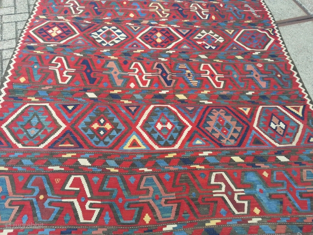 Antique Caucasian Oversize Kilim .Beautyfull collors and very nice design.
Incredible fine weave.Natural colors 100% wool
Similar item in the book museum of turkish and islamic art Kilims from Nazan Olcer, plate 68.  