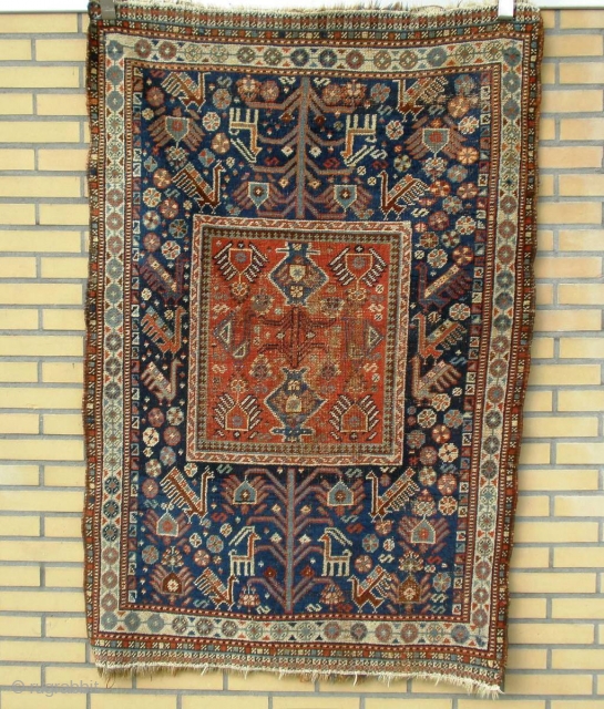 Very Rare Qashqai Confederecy smal rug.
Specialy the Squarish central madalion with border combination. 
check the tree of life to central madalion.. this total combination never see before.      