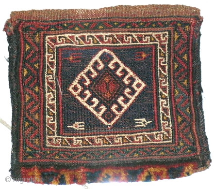  Persian origin Bakhtiari area Lori tribal 
small Sumack work joined at piles at end part,
motif of geometric crab at middle and hands of God protection at sides.
size:0.25cmx0.22cm,circa 1900,all natural colors.
the inside  ...