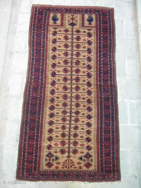 North East of Iran Balouch
soft texture at shiny wool pile on wool base,all over good pile
very few places as shown with minor damages
size 165cmx115cm
circa 1900        