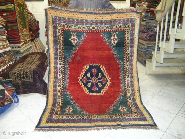 Persian Gabeh Ghashghai Origin Turk tribal
 At full pile in mint condition,wool on wool&cotton base 
in heavy weight By soft natural shiny wool.
Size,170cm X 125cm. Circa 1900
      