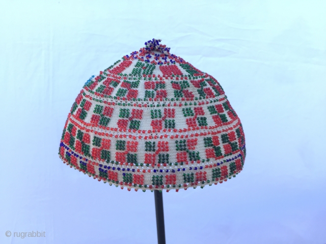 Syrian Durzi beaded hat. Glass beads on cotton.                         