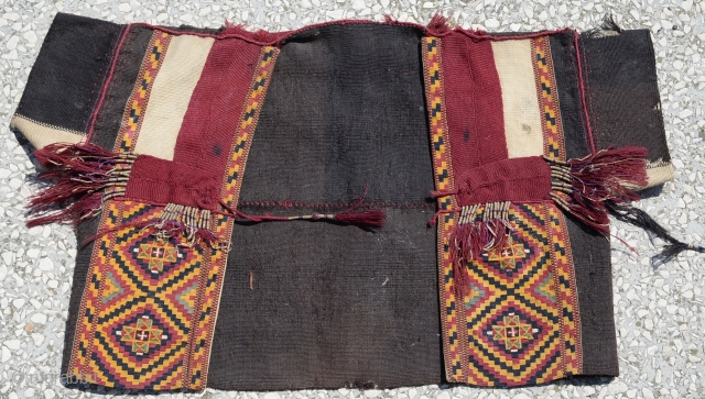 End of 19th Century,Turkish Anatolian ceremonial vest , Silk + wool flat weave and metallic + silk tassels. All natural colors size:73x43cm           