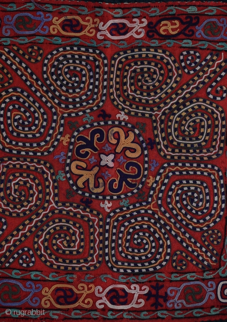 late19th Century a very unique and colourful antique Kirghiz silk suzani embroidered squared wall hanging.size:43x45 cm
17x18inches                 