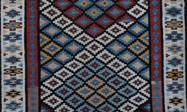 19th Century, very good condition,Persian Saveh Kilim- rug is clean, closed dovetail tapestry weave, strong and tight, reversible, great colors,Size:101 x 432 Cm
3'4" x 14'2"
        