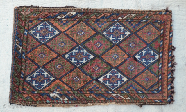 Baluch Balisht (pillow-bag), Mushwanni tribes, south-east Persia. Complete with stripe light brown -weave back and in good pile 
Size:46x75 Cm
       1'7"x2'5"      