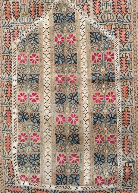 Ottoman Greek embroidery arched prayer panel known as a quibla.Size:180x110cm/5'10"X3'8" 
It is composed of various antique Ottoman Greek embroideries in order to create a prayer mat, which are probably from the 19th  ...