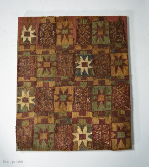  
Pre Columbian rare Inca textile fragment panel ancient South America.
The textile finely woven with multi color star motives interspersed with piranha fish, birds and animals in bands of red,
From A Inca  ...