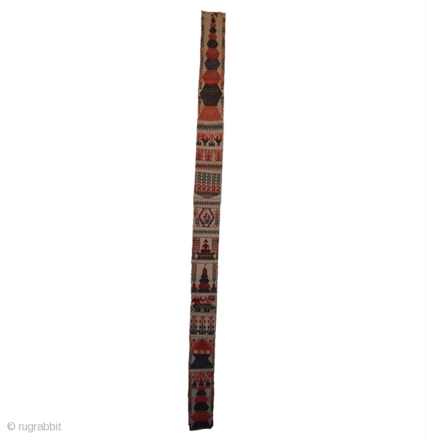 Interesting Large antique Laotian temple banner textile from Laos

A long woven textile Buddhist temple banner  

Woven with images of Stupas, Buddhist and temple guardian figures and geometric designs

Period : early 20th  ...