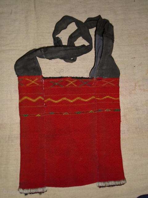 Kachin shoulder bag, North Burma,appears to be natural dyed wool and cotton
and job tears like seeds..Strap has hand done repair..30x30 cm.(body of bag)
30x73(with strap) circa 1930-1960?       