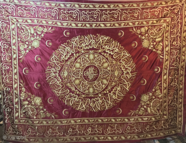 An impressive late 19th century ottoman embroidery gold thread on sattan silk material with unusual interlocking calligraphy.
Size: 246 x 183
Very good condition.           