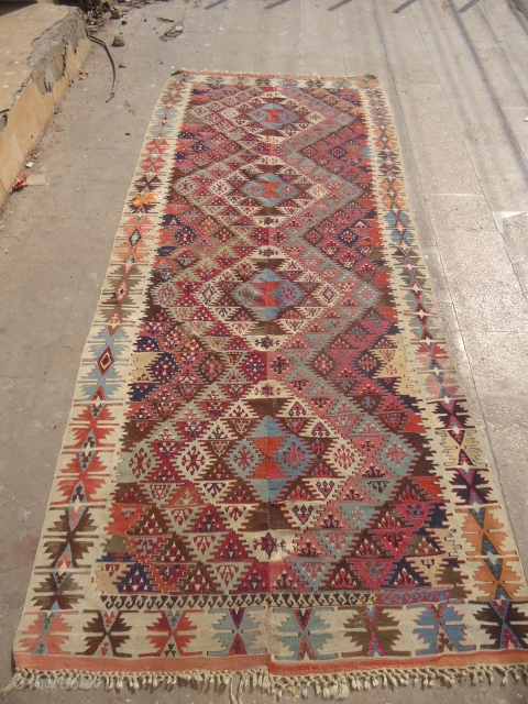 Colorful Anatolian Kilim with beautiful design and all natural colors,very fine weave and nice condition,some old repairs done.Handwashed ready for the display.Size 11'*4'7".E.mail for more info and pics.     