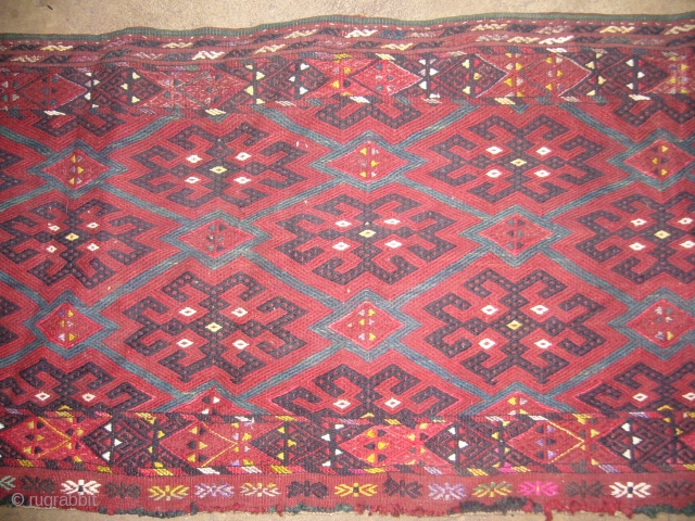 Turkmen Flatwoven Torba,very fine weave,with silk highlights,nice colours,excellent condition,original backing.Size 3'11"*1'7".                      