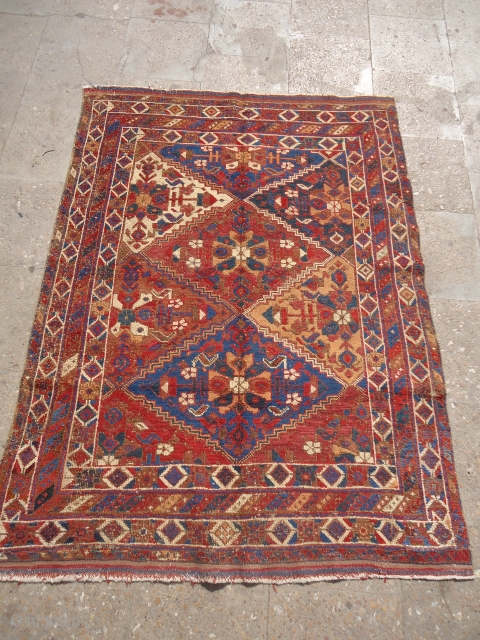 Early Afshar rug with good colors and design.with some old repair.Both sides have kilim endings.Size 5*3'8".E.mail for more info.              