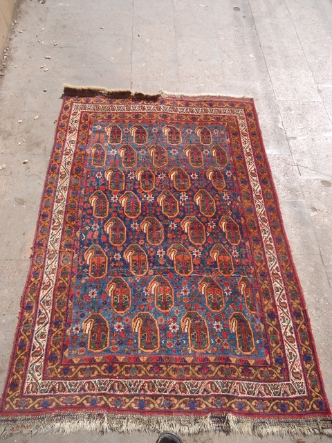 Afshar Rug with beautiful blue ground and very nice paisely design,very well drwan,good age,as found with no work done.E.mail for more info and pics.         