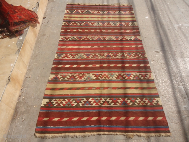 Shirvan Kilim with great natural colors and beautiful design,just oxidation to black,very fine weave and colors,good age.E.mail for more info and pics.           