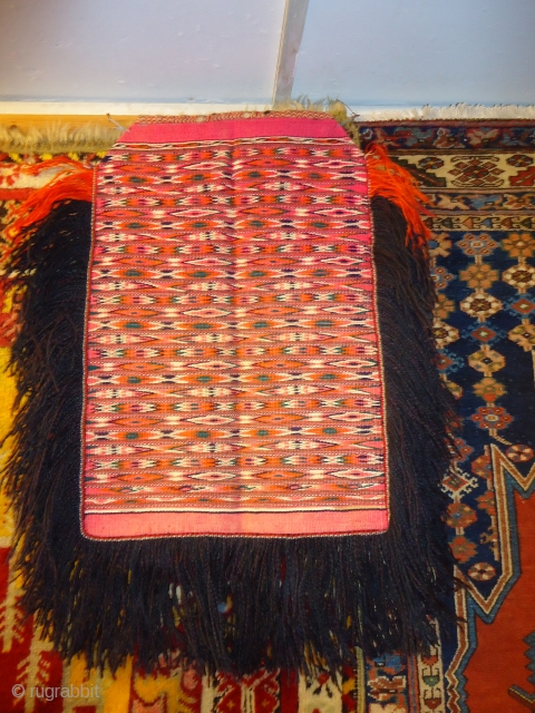Turkmon Saddle Cover,with beautiful colors and very very fine weave,excellent condition.Ready for the display.E.mail for more info.                