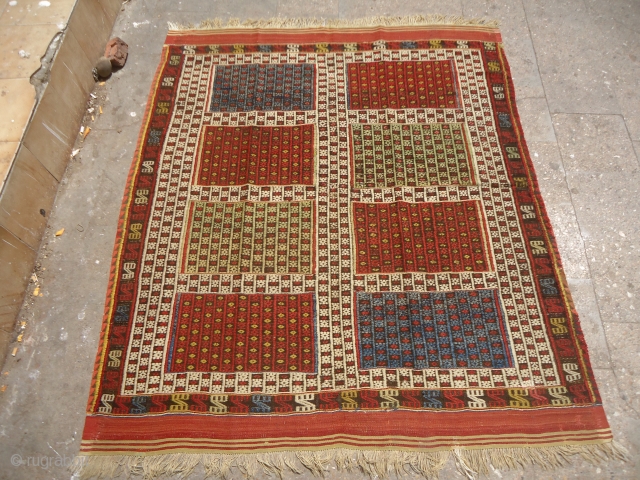 Verneh Kilim with great natural colors and beautiful compartment design,very fine weave,good condition,E.mail for more info and pics.               